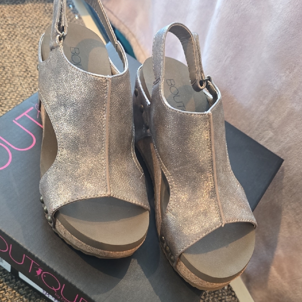 Corkys Metallic Pewter Wedge Sandals - Picture 2 of 9
